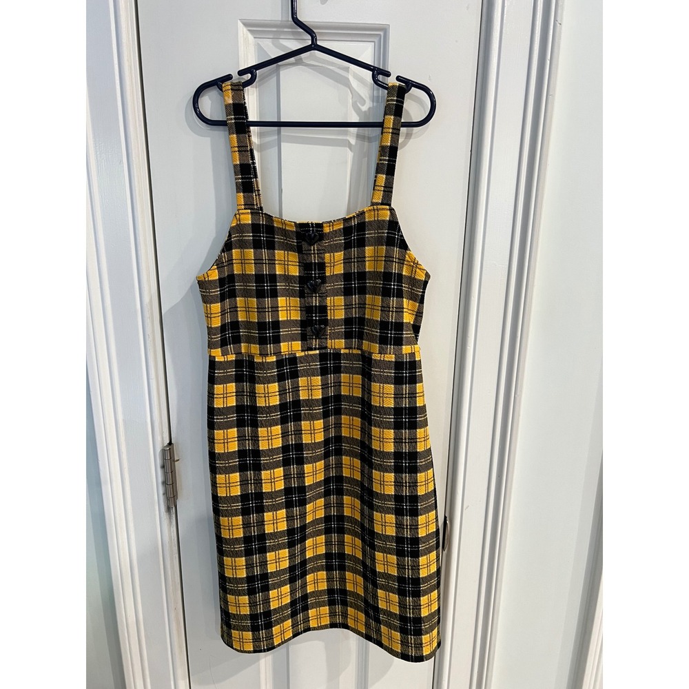 Jenna & Jessie Girls Yellow Black Plaid Pinafore Dress Heart Buttons Size 12